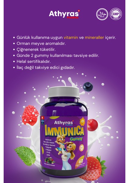 Immunica Gummy Kolostrum Beta Glukan Kara Mürver Prebiyotik İçeren 60 Çiğnenebilir Form 2 Kutu modelleri