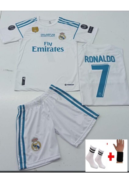 Cristiano Ronaldo Real. Madrid 2018 Beyaz Şampiyonlar Ligi Çocuk Forma T-Shrt Takımı Çorap+Bileklik Yanında