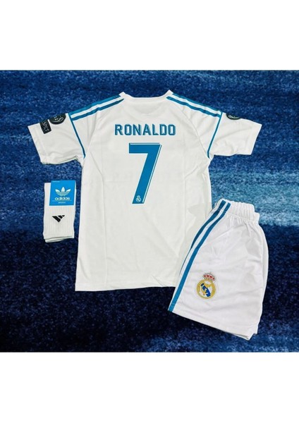 Cristiano Ronaldo Real. Madrid 2018 Beyaz Şampiyonlar Ligi Çocuk Forma T-Shrt Takımı Çorap+Bileklik Yanında modelleri