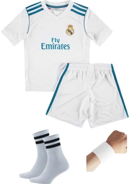 Cristiano Ronaldo Real. Madrid 2018 Beyaz Şampiyonlar Ligi Çocuk Forma T-Shrt Takımı Çorap+Bileklik Yanında indirimleri