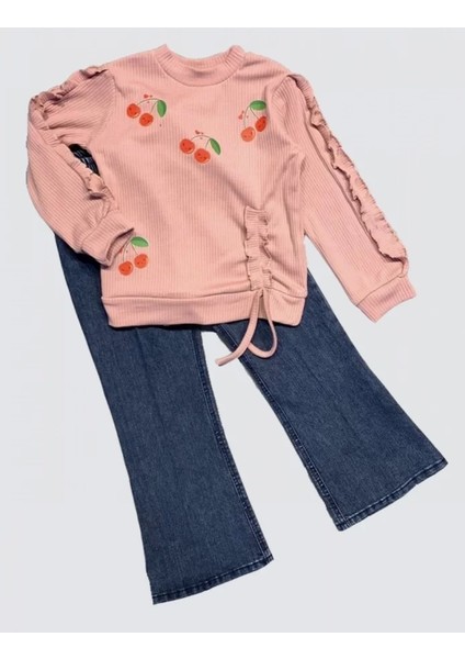4-5-6 Yaş Kot Pantolonlu Kiraz Desenli Penye Sweat Uzun Kollu 2li Kız Çocuk Takımı Gül Kurusu