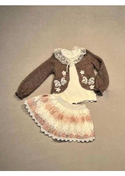 1-2-3 Yaş Brode Etekli Örme Hırkalı Uzun Kollu Sweat 3lü Kız Çocuk Takımı Kahverengi
