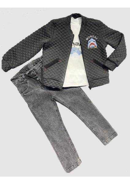 4-5-6 Yaş Kot Pantolonlu Pilot Mont Uzun Kollu Penye Sweat 3lü Erkek Çocuk Takımı Füme fiyatları