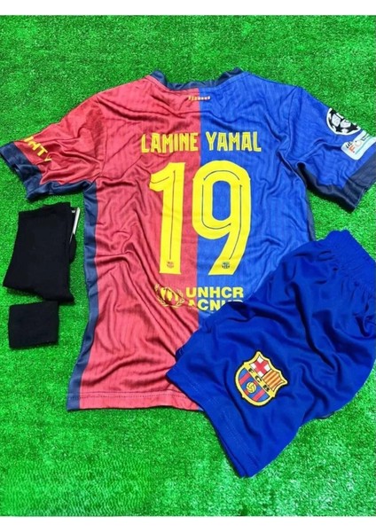 Lamine Yamal Bordo Barcelona Yeni Sezon Çocuk Forma T-Shrt Takımı Çorap+Bileklik Yanında
