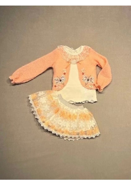 1-2-3 Yaş Brode Etekli Örme Hırkalı Uzun Kollu Sweat 3lü Kız Çocuk Takımı Somon