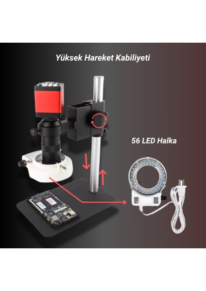 Yüksek Çözünürlü Endüstriyel Mikroskop Kamera 130XC Lens13MP Hd 60F/S 56 LED Halka Işık