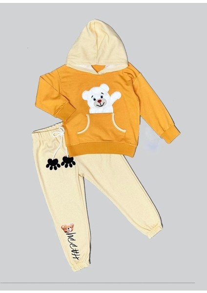 2-3-4 Yaş Pelüş Ayı Desenli Kapşonlu Uzun Kollu Penye Sweat 2li Erkek Çocuk Takımı Turuncu