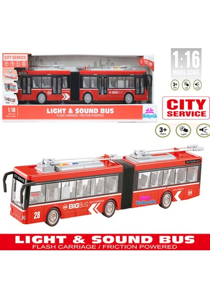 Işıklı Sesli Otobüs Kutulu 1:16 A119-4 Kırmızı Pilli Şehir Otobüsü City Bus