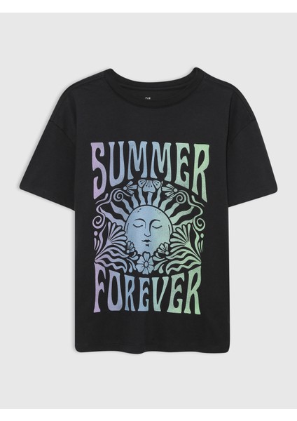 Kız Çocuk Siyah %100 Organik Pamuk Grafikli Tunik T-Shirt