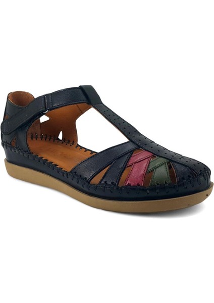 25033540Y Kadın Hakiki Deri Renkli Kapalı Delikli Cırtlı Sandalet