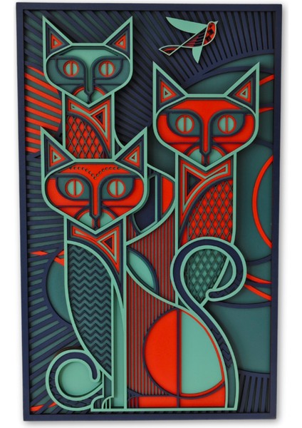 Feline Trio V2 - Üç Boyutlu Ahşap Kedi Tablosu | Modern Duvar Dekoru | Geometrik Kedi Tasarımı