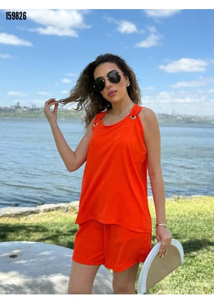 Kadın Kolsuz V Yaka Kuş Gözü Detay Bluz Short Aerobin Ikili Takım-Son Görsel Hediyemizdir.
