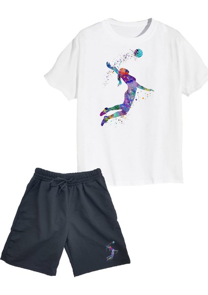 2'li Set Baskılı Kız Çocuk Pamuk Şort Tshirt Takım 05 5 6 7 8 9 10 11 12 13 14 Yaş Tişört Voleybol
