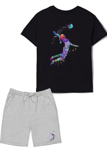 2'li Set Baskılı Kız Çocuk Pamuk Şort Tshirt Takım 05 5 6 7 8 9 10 11 12 13 14 Yaş Tişört Voleybol