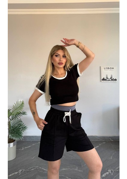 Kadın Yeni Sezon Üst Ikili Görünüm Kaşkorse Kumaş Şort Yüksek Bel Takım