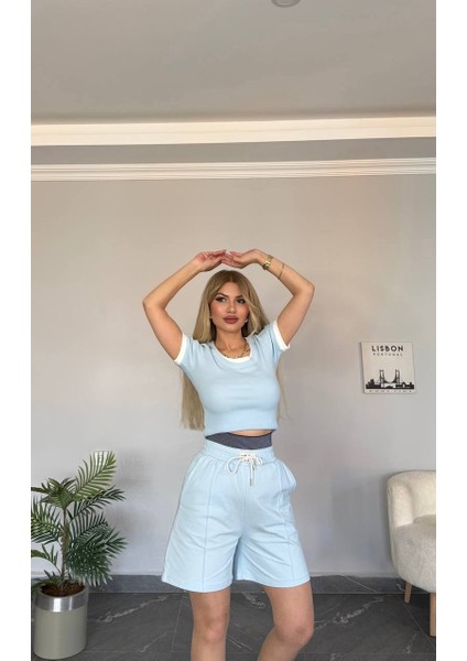 Kadın Yeni Sezon Üst Ikili Görünüm Kaşkorse Kumaş Şort Yüksek Bel Takım