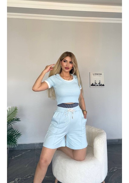 Kadın Yeni Sezon Üst Ikili Görünüm Kaşkorse Kumaş Şort Yüksek Bel Takım fiyatları