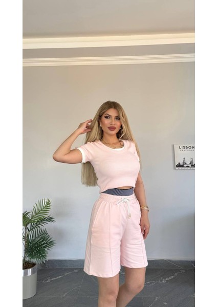 Kadın Yeni Sezon Üst Ikili Görünüm Kaşkorse Kumaş Şort Yüksek Bel Takım