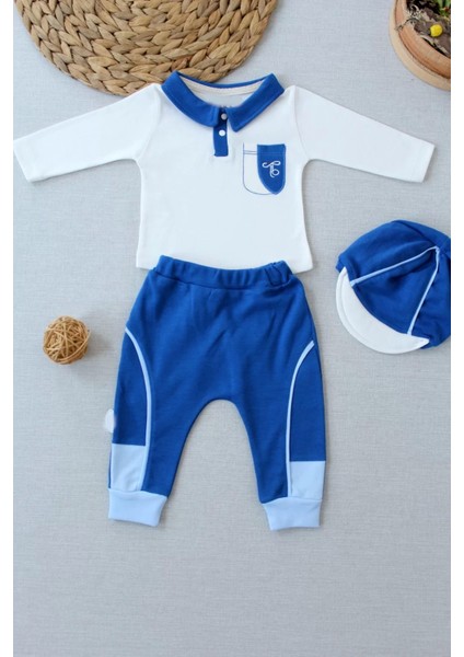 3-6 6-9 9-12 Ay Efendi Nakışlı Cep Şapkalı Uzun Kollu Sweat 3lü Erkek Bebek Takımı Indigo