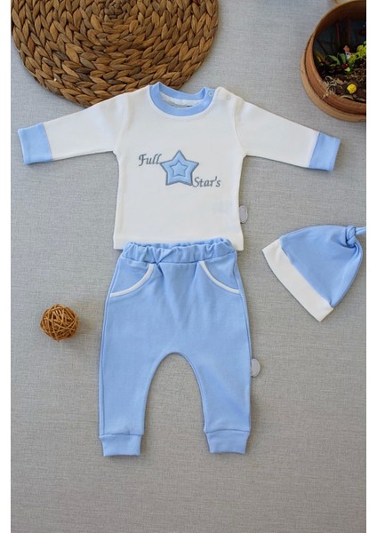 3-6 6-9 9-12 Ay Full Star Nakışlı Şapkalı Uzun Kollu Sweat 3lü Erkek Bebek Takımı Mavi