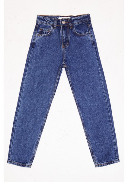 Unisex Mavi Çocuk Boyfriend Rahat Kesim Pantolon Beli Ayarlanabilir Lastik LXB307