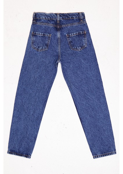 Unisex Mavi Çocuk Boyfriend Rahat Kesim Pantolon Beli Ayarlanabilir Lastik LXB307