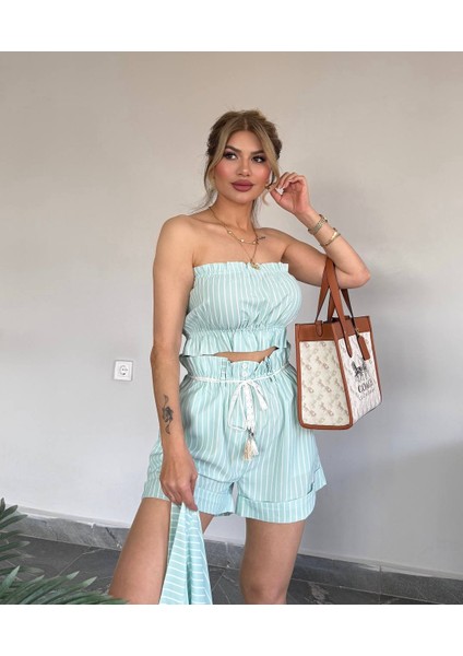 Kadın Yeni Sezon Jessica Kumaş Straplez Lastikli Şort Yüksek Bel Lastikli 3 Lü Takım