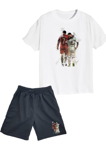 2'li Set Baskılı Erkek Çocuk Pamuk Şort Tshirt Takım 05 5 6 7 8 9 10 11 12 13 14 Yaş Tişört Futbol