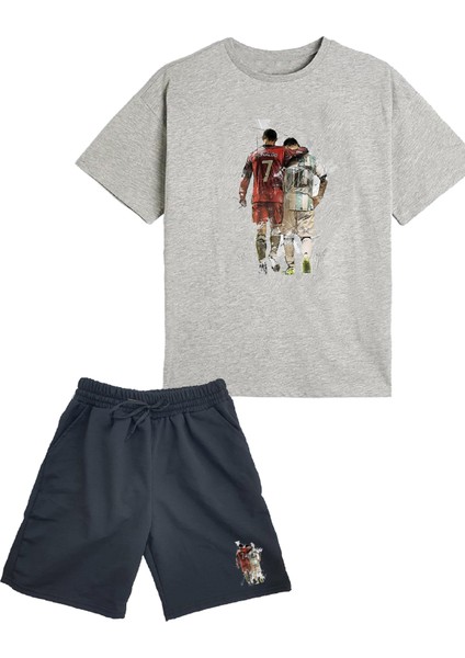 2'li Set Baskılı Erkek Çocuk Pamuk Şort Tshirt Takım 05 5 6 7 8 9 10 11 12 13 14 Yaş Tişört Futbol