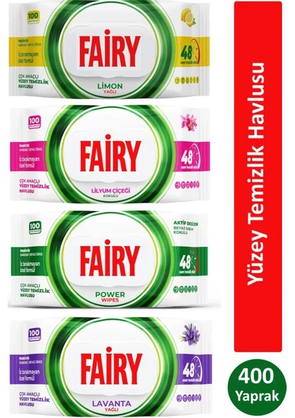Çok Amaçlı Yüzey Temizlik Havlusu 100 Yaprak x 4 Adet (Lavanta, Power Wipes, Limon, Lilyum Çiçeği) Tek Ebat
