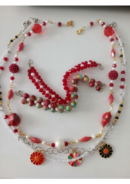 El Yapımı Boncuk Ikili Kolye ve Ikili Bileklik Set