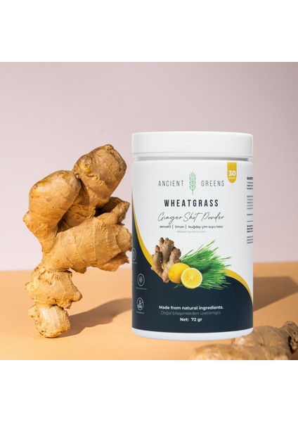 Ginger Shot Büyük Boy 72G 30 Porsiyon Zencefil, Limon, Buğday Çimi Suyu Tozu Dondurularak Kurutulmuş, Glutensiz, Vegan