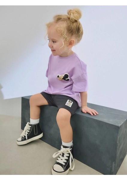 Kız Çocuk Pamuklu Lila Mickey Mouse Baskılı T-Shirt ve Siyah Biker Tayt Takım
