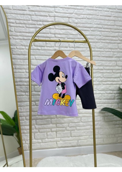 Kız Çocuk Pamuklu Lila Mickey Mouse Baskılı T-Shirt ve Siyah Biker Tayt Takım