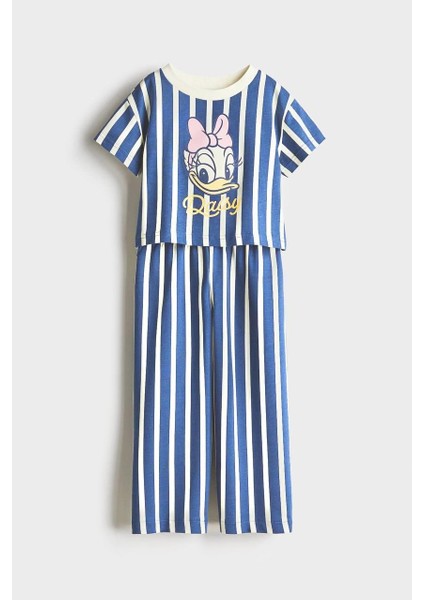Kız Çocuk Pamuklu Mavi Çizgili Daisy Duck Baskılı T-Shirt ve Pantolon Takım