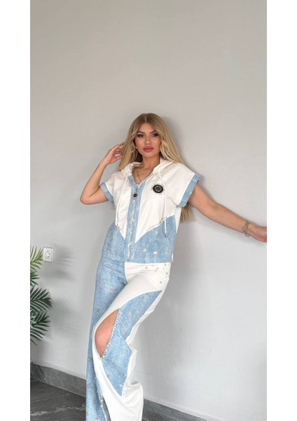 Kadın Yeni Sezon Kot Detaylı Iki Iplik Compakt Kumaş Pantolon Yandan Fermuarlı Takım