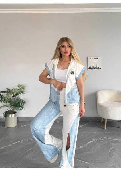 Kadın Yeni Sezon Kot Detaylı Iki Iplik Compakt Kumaş Pantolon Yandan Fermuarlı Takım fırsatları