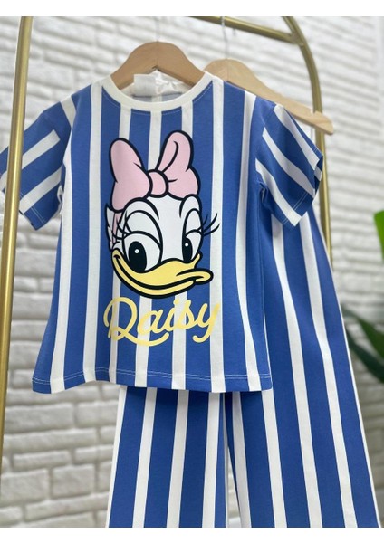 Kız Çocuk Pamuklu Mavi Çizgili Daisy Duck Baskılı T-Shirt ve Pantolon Takım