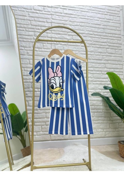 Kız Çocuk Pamuklu Mavi Çizgili Daisy Duck Baskılı T-Shirt ve Pantolon Takım
