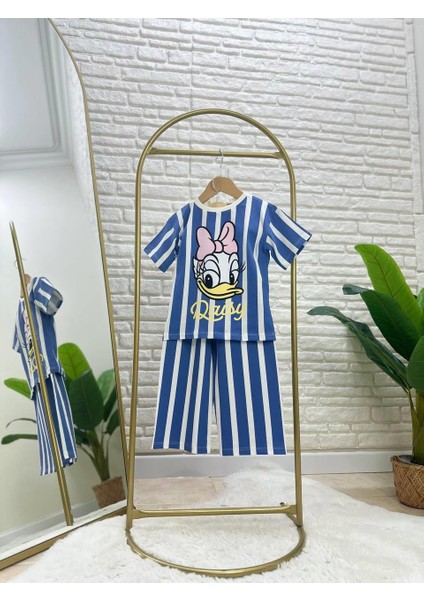 Kız Çocuk Pamuklu Mavi Çizgili Daisy Duck Baskılı T-Shirt ve Pantolon Takım