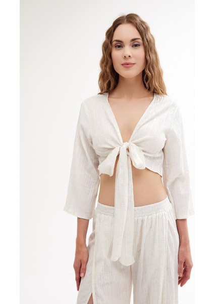Ekru Keten Plaj Bluz