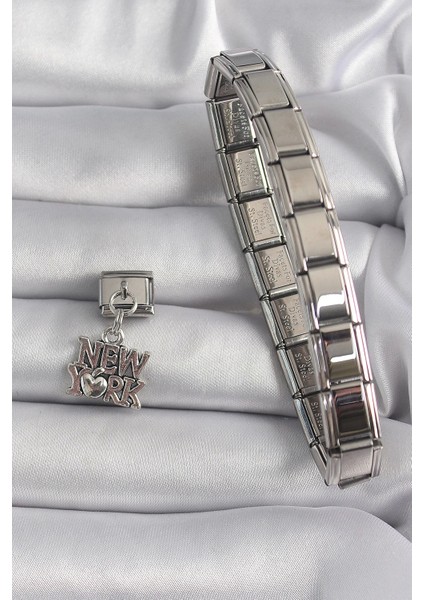 316L Çelik Gümüş Renk Sallantı New York Yazı Model Nomination Charm