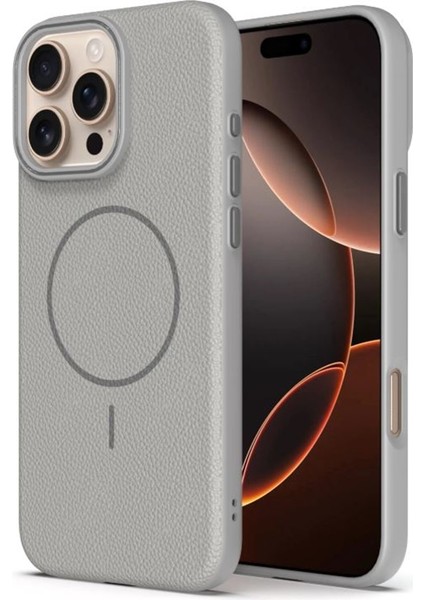 iPhone 15 Pro Uyumlu Kılıf Lichee Deri Desen Silikon Kablosuz Şarj Özellikli Gri