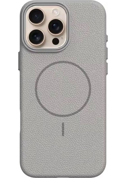 iPhone 15 Pro Uyumlu Kılıf Lichee Deri Desen Silikon Kablosuz Şarj Özellikli Gri