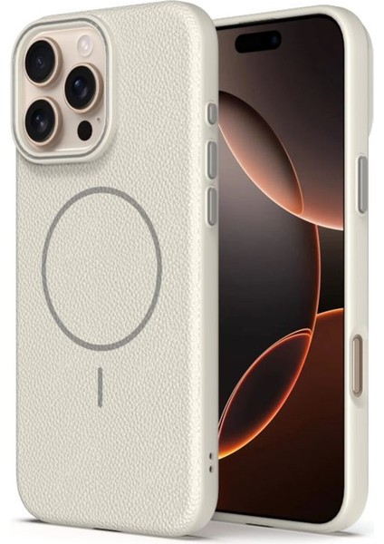 iPhone 16 Pro Max Uyumlu Kılıf Lichee Deri Desen Silikon Kablosuz Şarj Özellikli Krem