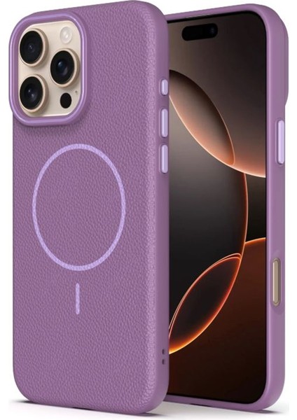 iPhone 16 Pro Max Uyumlu Kılıf Lichee Deri Desen Silikon Kablosuz Şarj Özellikli Mürdüm