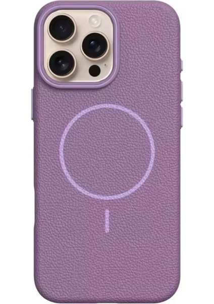 iPhone 16 Pro Max Uyumlu Kılıf Lichee Deri Desen Silikon Kablosuz Şarj Özellikli Mürdüm