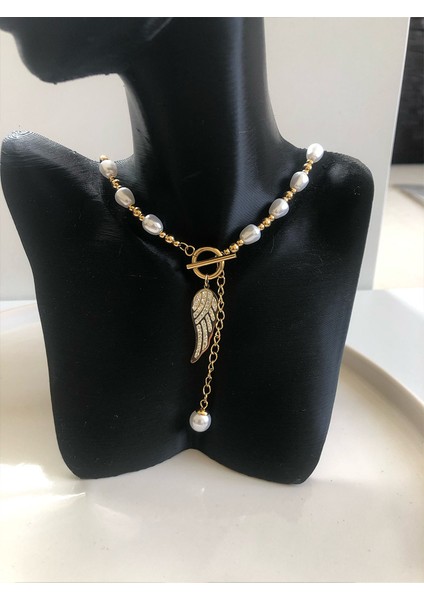 Zirkon Taş ve Inci Taşlı Paslanmaz Çelik Gold Kadın Kolye