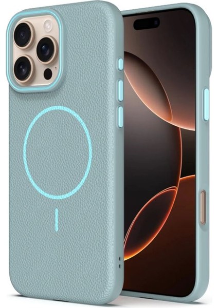 iPhone 15 Pro Max Uyumlu Kılıf Lichee Deri Desen Silikon Kablosuz Şarj Özellikli Turkuaz