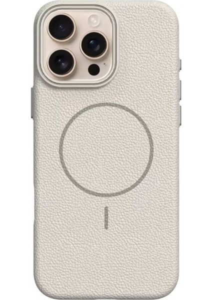 iPhone 14 Pro Uyumlu Kılıf Lichee Deri Desen Silikon Kablosuz Şarj Özellikli Krem